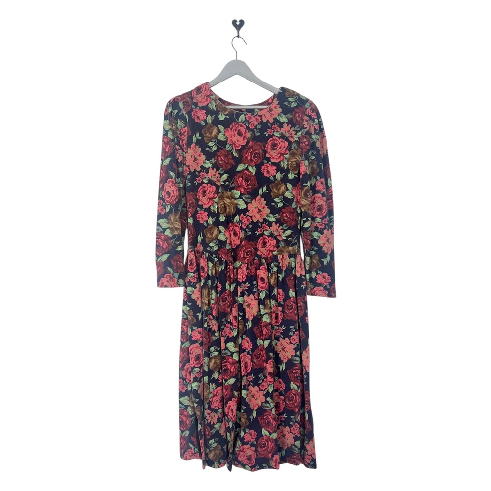 Vintage S Roberts Floral Rose Print Maxi Dress Navy Red Long Sleeve 90s Size 14